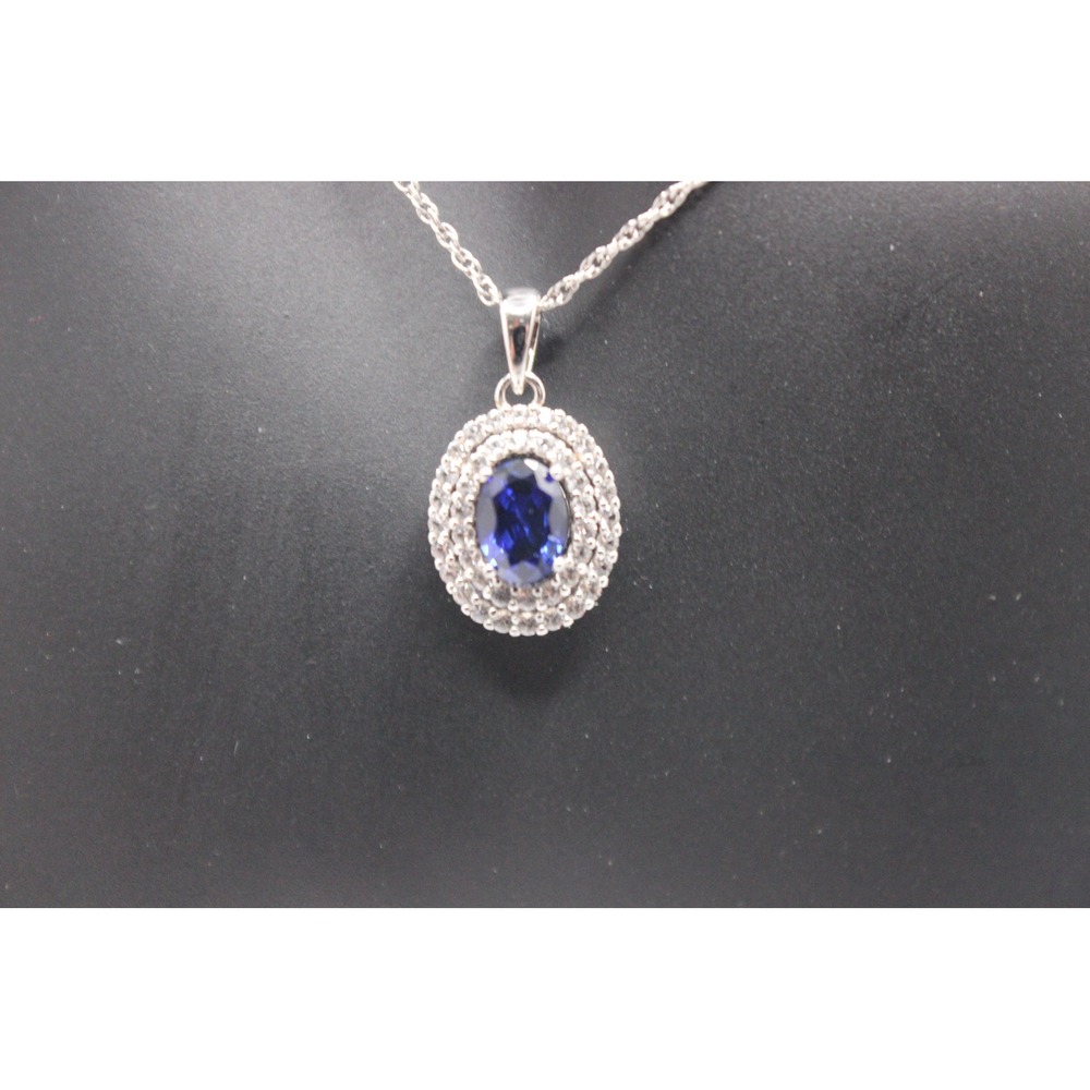 Blue gemstone Oval Double Halo Pendant Necklace 18" Silver Tone Rope Chain 1.24g